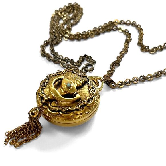 Vintage Lucerne Swiss Made Gold Ornate Tassel Pocket Watch Pendant Necklace